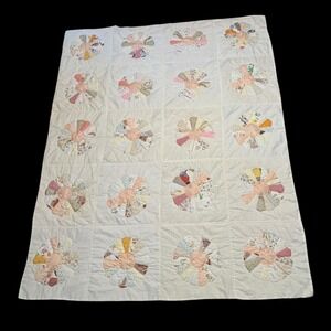 Vintage Hand Quilted Dresden Plate Quilt Signed Dated 1982 Cream Ivory 79x63